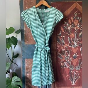 Reformation Green and white gingham linen wrap dress.